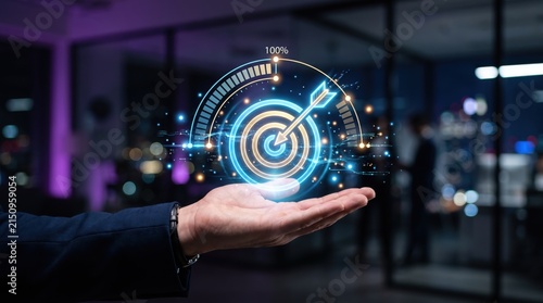 Hand holding glowing holographic target with arrow hitting bullseye at 100 percent accuracy, symbolizing goal achievement and success in futuristic night city setting.