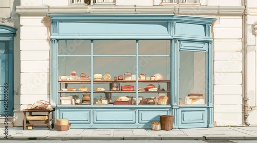 Vintage Bakery Shop Front with Display Windows and Assorted Pastries