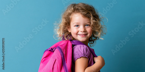 A cheerful young girl with curly blonde hair and blue eyes, wearing a purple shirt, stands with a bright pink backpack over her shoulder, smiling at the camera