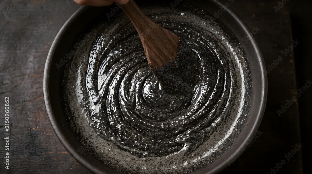 Fototapeta premium Black sesame paste being stirred in a bowl, traditional asian dessert preparation, dark moody food photography of sweet sesame soup