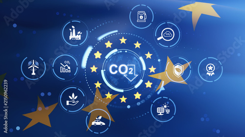 Fotografía Carbon neutrality and sustainable energy transition with CO2 reduction, renewable technology, environmental protection, and climate action background