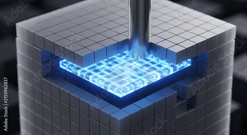 Abstract digital processor core featuring glowing blue data matrix within modular metallic cube