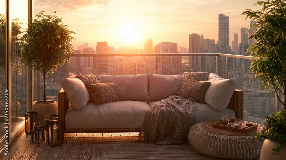 Naklejka premium Cozy Balcony Seating Area Overlooking City Skyline During Sunset