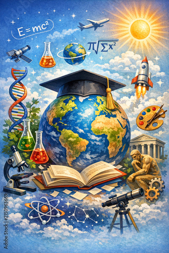 Educational poster with various science subjects, celebrating learning and human achievement in space, biology, mathematics, astronomy, and more.