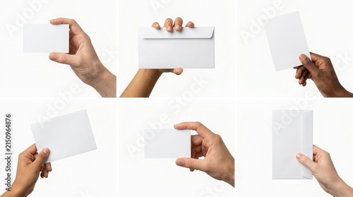 A collection of diverse hands holding blank white business cards for branding presentation isolated on a clean white background for design
