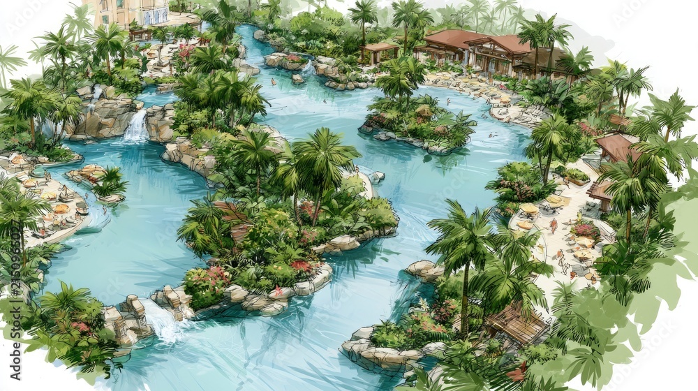 Fototapeta premium Tropical resort with winding river, lush palm trees, and poolside villas