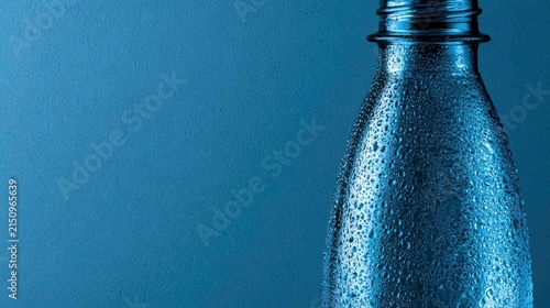 Close-up of a Wet Glass Bottle with Condensation on a Blue Background