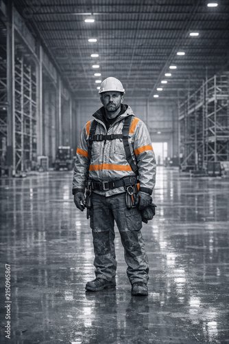 Workman standing in industrial setting, reflecting on wet floor.