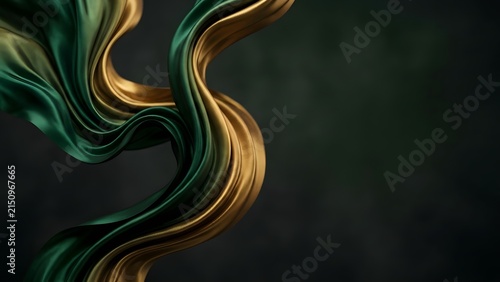 Elegant flowing green and gold silk fabric draped in elegant waves on a dark background.