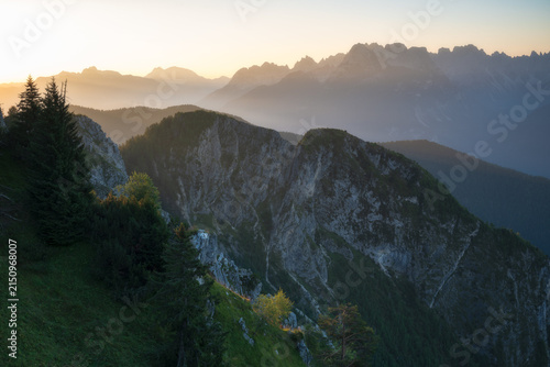 Photography Breathtaking mountain landscape at sunrise with atmospheric mist
