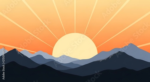Golden sunrise over mountain peaks silhouette.