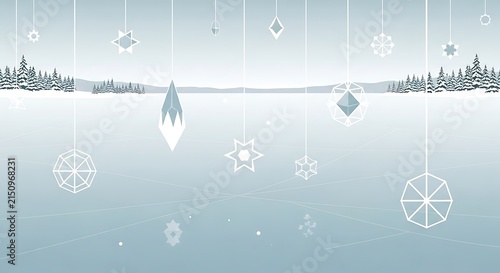 Abstract geometric shapes floating in blue water.