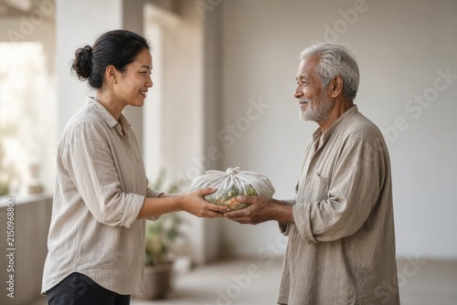 A smiling younger woman hands a bag of vegetables to an older man during a charitable donation.