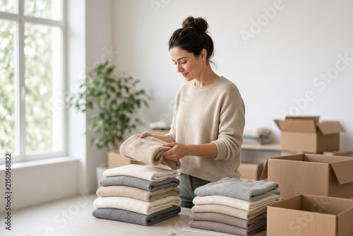 Woman folding beige and gray sweaters while moving into new home surrounded by cardboard boxes.
