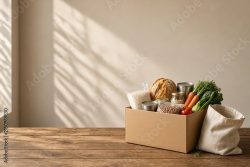 Cardboard delivery box filled with groceries and bread sitting on a wooden table near a window with sunlight stripes
