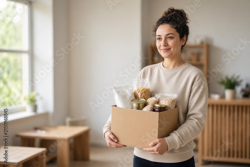 Smiling young woman carrying a cardboard box filled with dry food items inside a bright room.