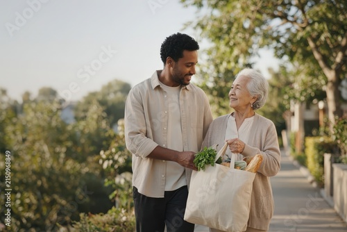A young man helps an elderly woman carry groceries along a treelined path during the day.