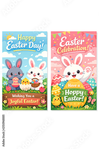 Three Easter greeting cards with bunnies, chicks, and pastel colors.