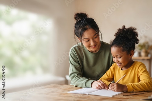 Mother helps daughter learn writing at home.