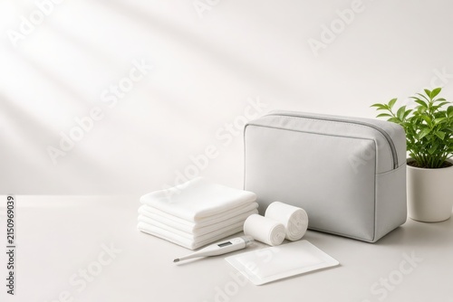 Medical supplies including bandages and a thermometer arranged neatly beside a portable toiletry bag on a clean white surface.
