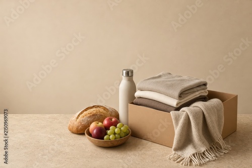 A simple arrangement featuring a rustic loaf of bread, fresh fruits, a metal water bottle, and folded textiles nestled inside an open cardboard box.