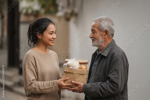 An elderly man hands a paper bag of bread to a smiling young woman standing outside.