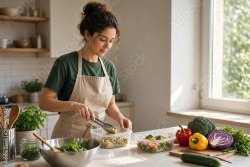 Woman wearing an apron transfers prepared salad from a bowl into clear plastic food containers on a kitchen counter