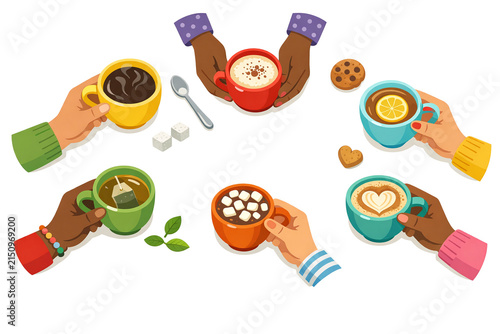 Happy people enjoying hot beverages together