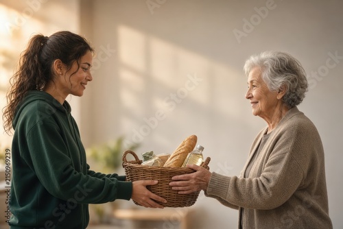 A young woman handing a basket of groceries to an elderly person inside a home.