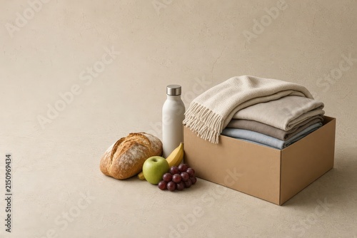 An open cardboard box contains neatly folded blankets while a loaf of bread and fruit rest nearby on a plain surface.