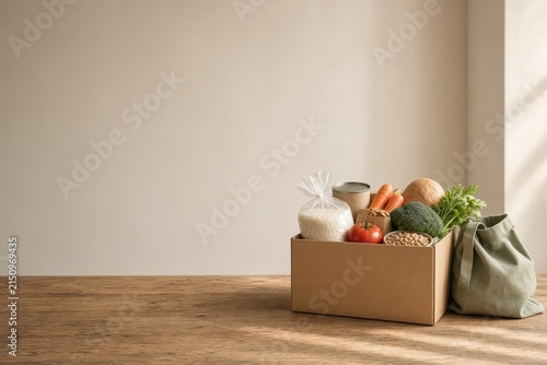 Cardboard box filled with fresh groceries sits on wooden table near soft natural light