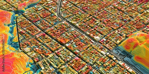 Vibrant Aerial View of City Neighborhoods with Streets and Surrounding Nature