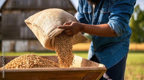 African descent farm worker pouring harvested wheat grains from a burlap sack into a wooden bin