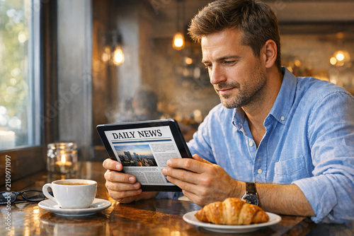 Man enjoying a digital newspaper at cafe, engaged with current events on his tablet.