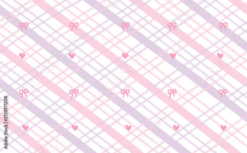 Cute pastel plaid pattern with bows and hearts background