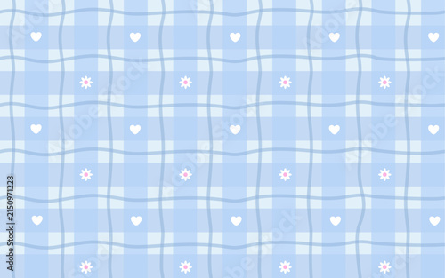 Cute blue plaid patter with hearts and flowers