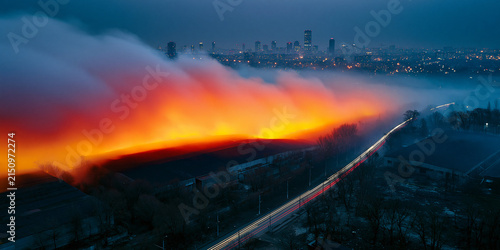 An aerial view captures a vibrant orange cloud or fog bank rolling across a city skyline at dusk, illuminated by an unseen light source.