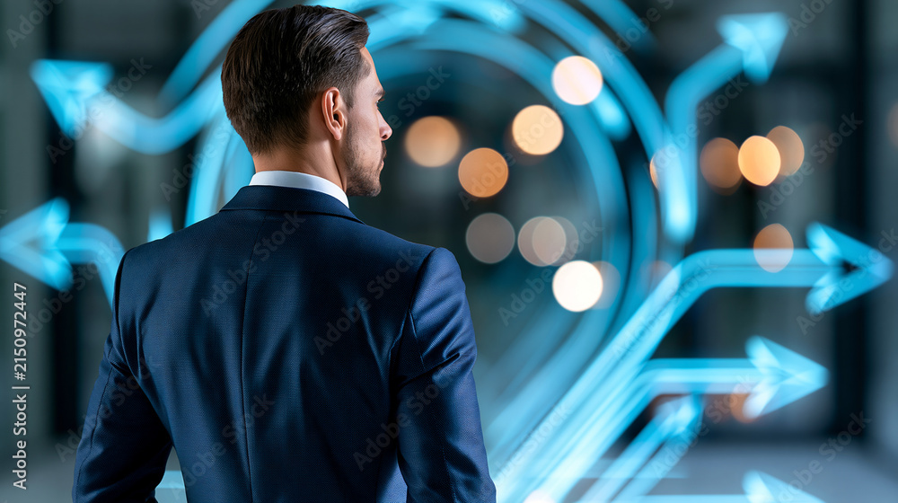 Fototapeta premium Problem solving strategy and corporate decision making concept, faceless businessman evaluating multiple business paths, defocused background, with copy space