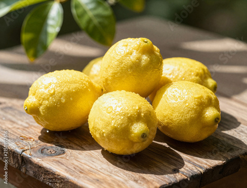 Fresh Lemons with Dew Drops on Wooden Table