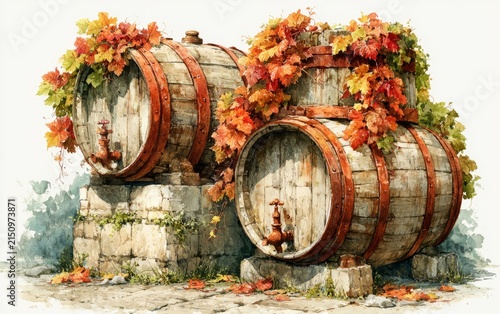 Rustic Wine Barrels Adorned with Autumn Foliage