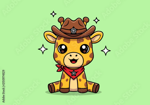 Foto Cute cartoon giraffe wearing sheriff cowboy hat and red bandana sitting, front v