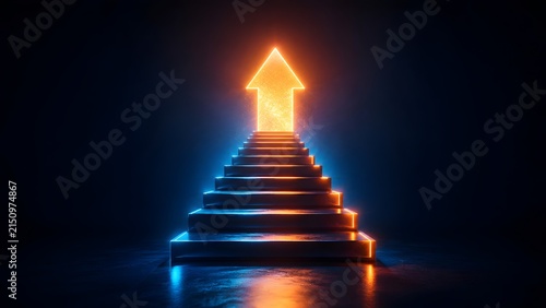 Glowing abstract staircase ascending towards a bright upward arrow, representing ambitious progress, future growth, success, and opportunities on a path to achievement.