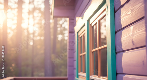Sunlit wooden cabin exterior wall featuring pastel purple siding and bright teal window trim details