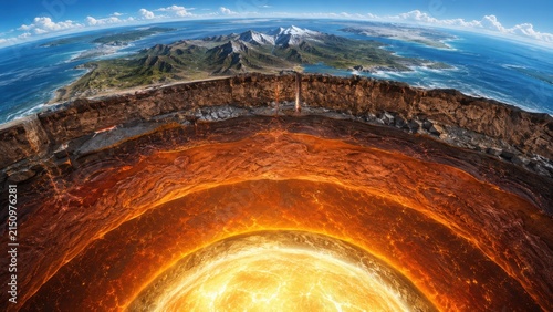 Aerial view of a volcanic crater revealing molten lava at the center, surrounded by lush green landscapes and ocean views under a clear blue sky
