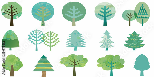Fotografía Collection of watercolor textured tree illustrations on a white background