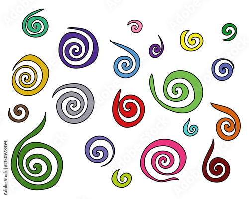 collection of colorful hand drawn spiral swirls, simple doodle set for graphic design vector elements and abstract pattern creation