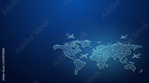 Abstract world map with airplane icons for global logistics and international air travel connectivity concept