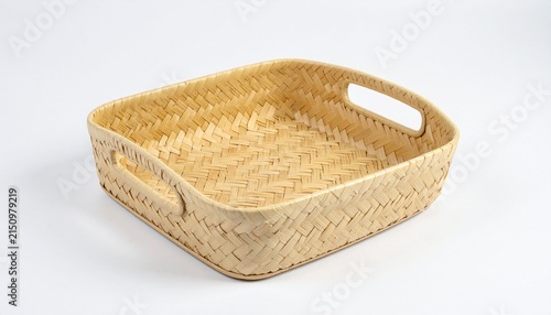Square woven basket with cutout handles on white background