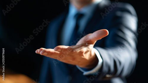 Faceless businessman extending an open hand to seal a business deal, standing against a black background, partnership agreement concept, with copy space