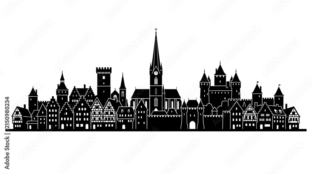 Fototapeta premium Black silhouette vector illustration of a medieval European town skyline featuring historic castles and tall cathedral spires on white background